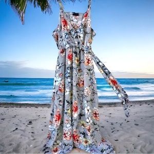 Scobe Sleeveless Dress HIGH LOW Stripes + Flowers Spaghetti Straps